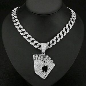 Hip Hop Iced Out Fully Rhinestone Silver Card Pendant & Cuban Chain Necklace 20"